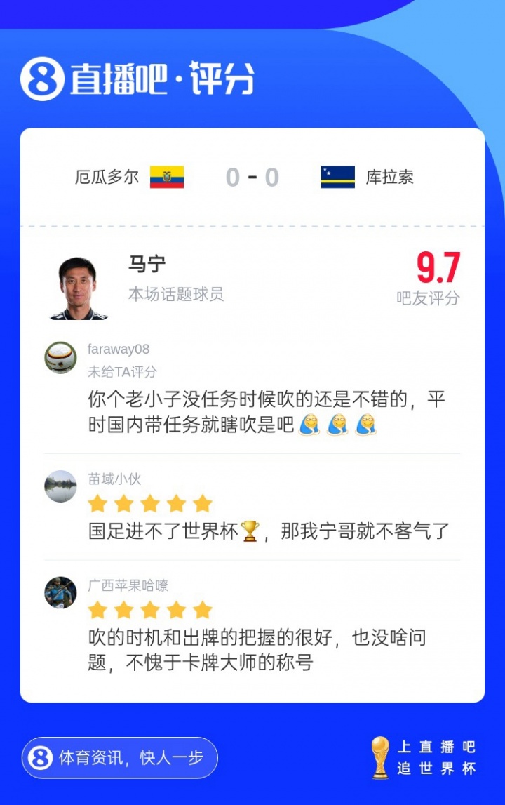直播吧评分9.7分！马宁主哨世界杯首秀，吧友来打分评价